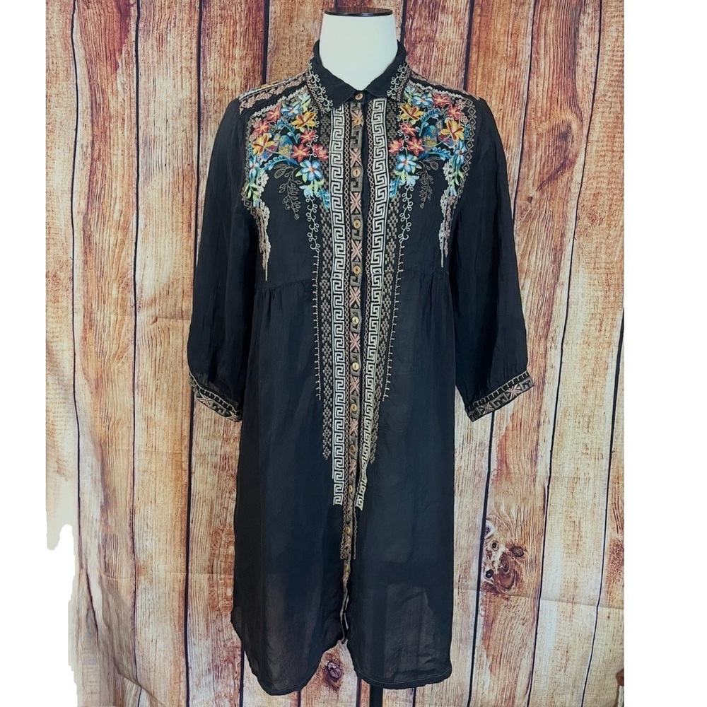 Johnny Was Clarissa Boho Black Dress with Multicolor Embroidery Sz S